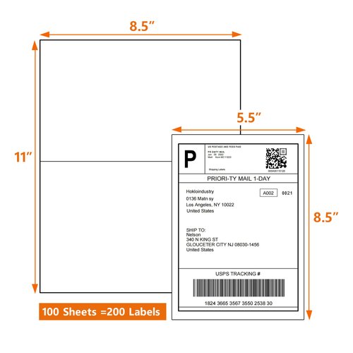 HokLoindustry Half Sheet Labels(100 Sheet,200 Labels),Printable White Shipping Labels for Laser/Inkjet Printer,8.5"x5.5" Half Sheet Shipping Labels 2 per Sheet,Permanent Adhesive Commercial Grade