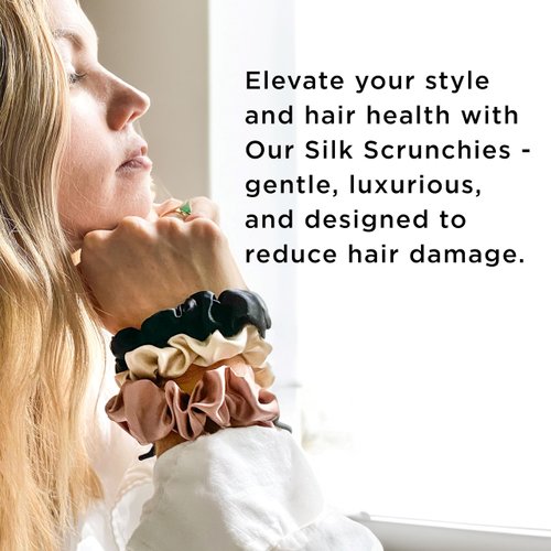 NGHT Silk Scrunchies for Women's Hair - 100% Thin Silk Scrunchies with Elastic Band Small - Ponytail holders for Girls - Multi-colored Pack of 6