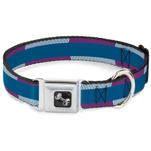 Dog Collar Seatbelt Buckle Hash Mark Stripe Turquoise Fuchsia White 15 to 26 Inches 1.0 Inch Wide