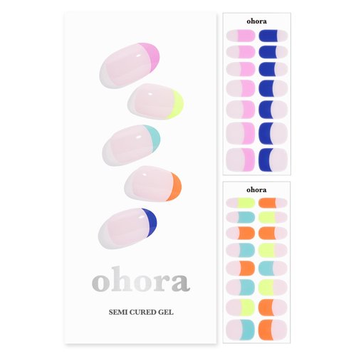 ohora Semi Cured Gel Nail Strips (N Rainbow French) - Extended Size Range, Works with Any Nail Lamps, Salon-Quality, Long Lasting, Easy to Apply&Remove - Includes 2Prep Pads, Nail File&Wooden Stick