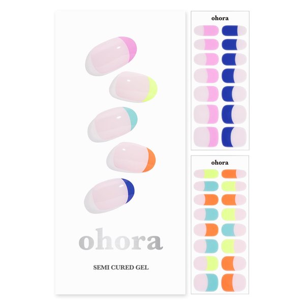 ohora Semi Cured Gel Nail Strips (N Rainbow French) - Extended Size Range, Works with Any Nail Lamps, Salon-Quality, Long Lasting, Easy to Apply&Remove - Includes 2Prep Pads, Nail File&Wooden Stick