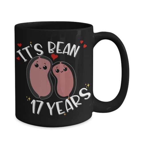 17th Anniversary Mug for Husband Wife Funny Vegan Vegetarian Food Pun Its Bean 17 Years Seventeenth Yr Married Cute Keepsake for Couple 11 or 15Oz Bla