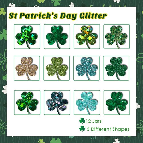 Laza St. Patrick's Day Nail Art Glitters 12 Colors Holographic Green Gold Fine Powder Chunky Clover Hexagon Sequins Confetti Nail Flakes for Nail Supplies Festival Craft Decoration - Verdant