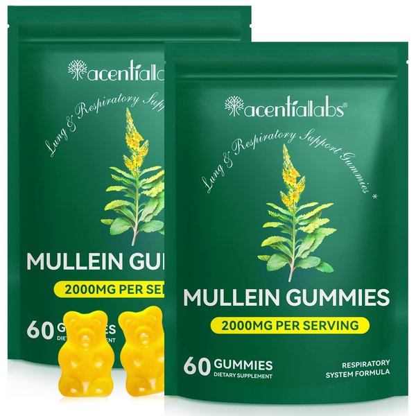 2 Pack Mullein Gummies for Lung Detox, Mullein Herbal Supplement, 2000mg Mullein Leaf Extract for Respiratory & Digestive & Immune Support