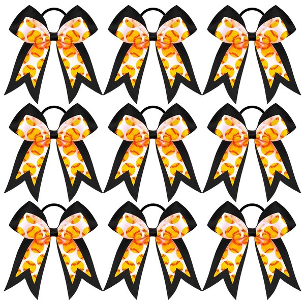 MTLEE 9 Pcs 7.5 Inch Black Softball Ribbon Hair Bows Cheer Hair Bows Elastic Scrunchies Hair Bands Cheerleader Bows Volleyball Sports Ball Ponytail Holder Sport Hair Accessories for Girl Player