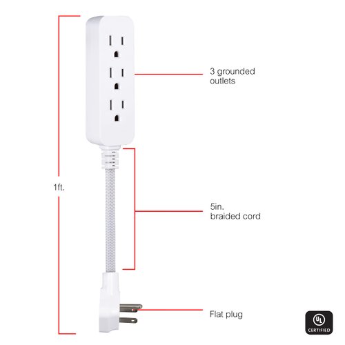 GE 3-Outlet Power Strip Extension Cord with Multiple Outlets 6 Inch Braided Short Cord Extension Cord Grounded Flat Plug Extension Cord UL Listed White 45190