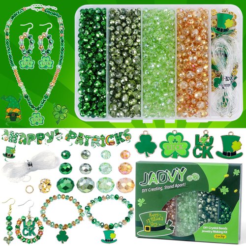 JADVY St Patricks Day Crystal Beads for Bracelets Making Kit, Glass Crystal Beads for Jewelry Making Kit with Charms, Beads & Bead Assortments for St Patricks Day Crafts Decorations Accessories
