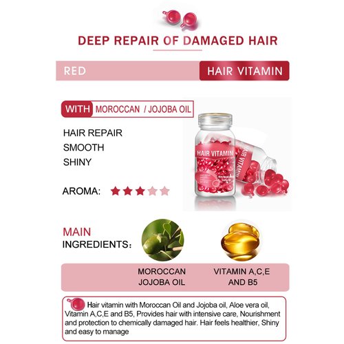 Hair Oil Capsules, Hair Treatment Serum Oil Capsules Contains Moroccan Jojoba Oil & Vitamin A C E and B5, Hair Care Vitamin Capsules for Hair Moisturizing anti-frizz Repair Maintenance (30pcs, Red)