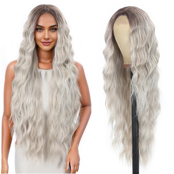 Fabunity 36 Inch Middle Part Body Wave Lace Front Wigs Synthetic Hair For Women Ombre Grey Colored Lace Wigs (36 Inch Ombre Grey Wavy Wig)