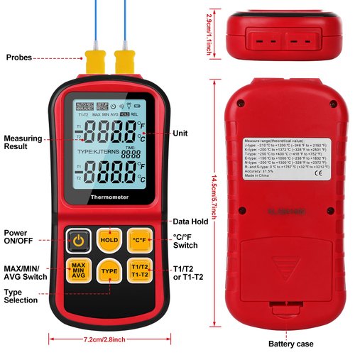 Digital Thermometer Dual Channel Thermometer Temperature Thermometer with Two K-Type Thermocouple Probe Backlight LCD K Type Thermometer for K/J/T/E/R/S/N Thermocouple