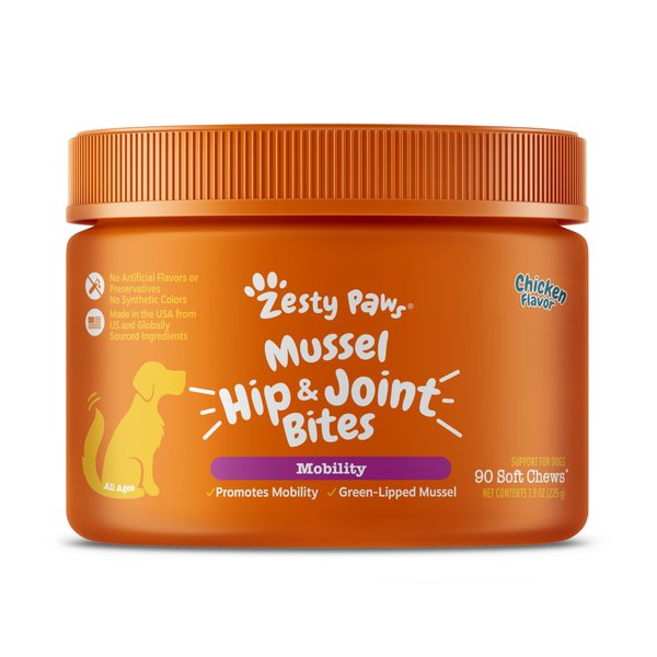 Zesty Paws Mussel Mobility Bites for Dogs - New Zealand Green Lipped Mussel with Natural Glucosamine & Chondroitin + Omega-3 Fatty Acids - Hip & Joint Support Supplement Soft Chews – 90 Count