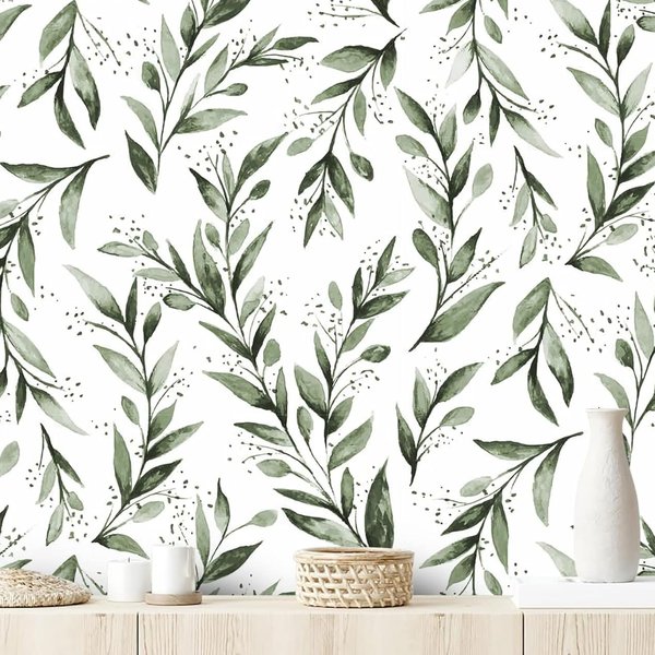 Erfoni Green Leaf Wallpaper Peel and Stick Wallpaper Floral Contact Paper 17.7inch x 196.8inch Greenery Leaves Self Adhesive Wallpaper Peel and Stick Olive Botanical Flowers Wall Paper Vinyl Film