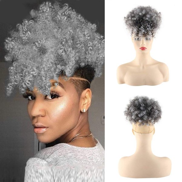 Aisaide High Afro Puff Drawstring Ponytail Bun with Bangs for Black Women Short Afro Kinky Curly Ponytail Extension Clip in Hair Extensions Pineapple Synthetic Grey Ponytail with Two Clips(1B/Grey)