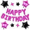 Happy Birthday Balloons Banner, Hot Pink Black Happy Birthday Foil Balloons 16 Inch Mylar Foil Letter Balloons with 8 Pcs Hot Pink Black Star Balloons for Women Girls Birthday Party Decorations