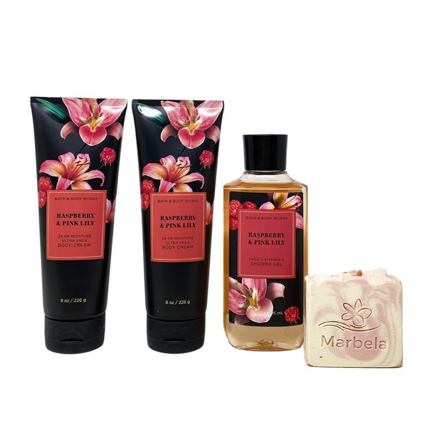 Bath & Body Works Raspberry & Pink Lily 3 Pack Set - 2 Body Creams and Shower Gel - with a Himalayan Salts Springs Bar Soap - Full Size