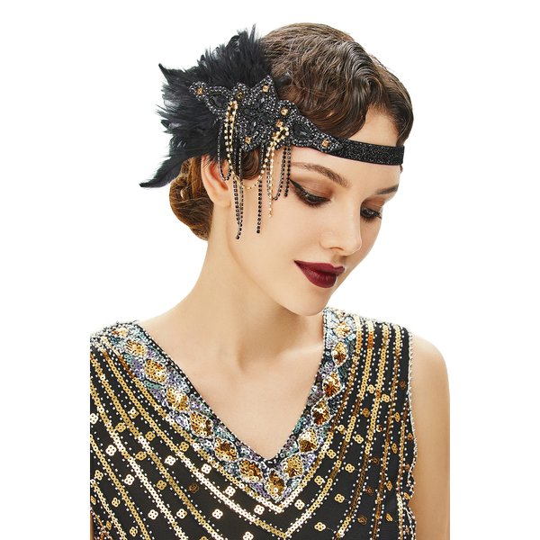 BABEYOND 1920s Flapper Headpiece 20s Gatsby Black Feather Headband Roaring 20s Hair Accessories with Crystal Beads (Black Gold)