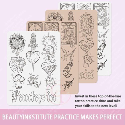 TgoBeauty Double Sided Pre-printed Tiny Tattoo Practice Skin with Stencil White/Pink Fine Line Tattoo Skins for Tattoo Training (4pcs Pink Tattoo Skins)