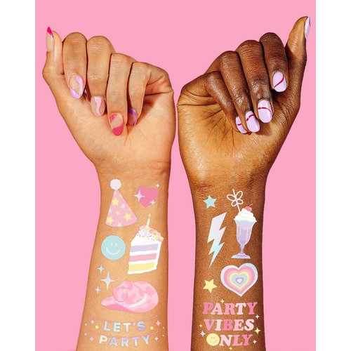 xo, Fetti Pastel Rainbow Temporary Tattoos - 50 Iridescent Foil Styles | Preppy Birthday Party Supplies, Smiley Party Favors, Party Vibes Only