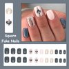 MISUD Short Square Press on Nails Squoval Fake Nails Glossy Glue on Nails Gray Blue Gel Acrylic Nails Bling Glitter Artificial Nails Heart Pattern Stick on White False Nails with Eye Design 24 pcs