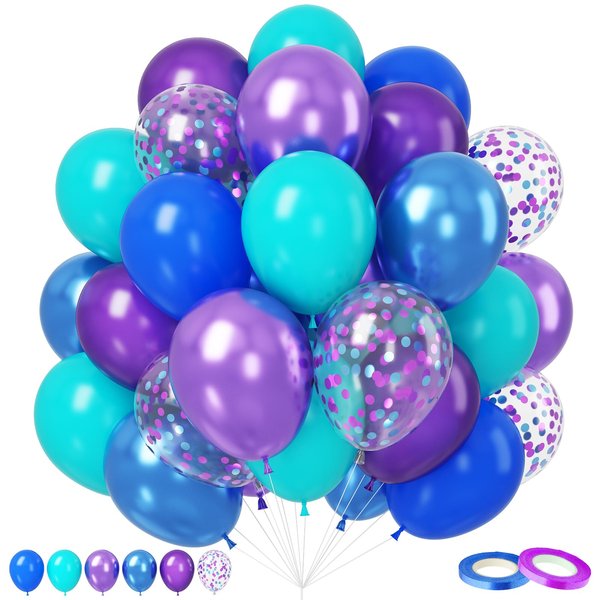 Purple Blue Teal Balloon,50 Pcs 12 Inches Metallic Blue Purple Teal Balloons Confetti Balloons for Kids Video Game Party Decoration Baby Shower Engagement Party Supplies