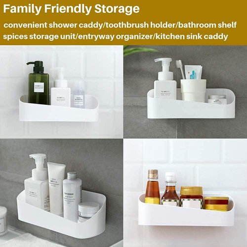 SUNFICON Adhesive Shower Caddy Wall Mounted Bathroom Shelf Organizer Storage Rack No Drilling Shower Shelf Bath Essentials Shampoo Spice Holder 2 Clear Adhesives for Shower Room Bathroom Kitchen White