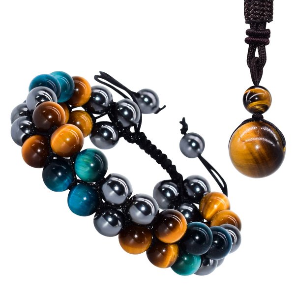 XonyiCos Triple Protection Bracelet,Made by hand Crystal Bracelet for Men Women Tiger Eye Beads Hematite and Black Obsidian Natural Stone 8mm Healing Bracelets Good Luck Prosperity Happiness