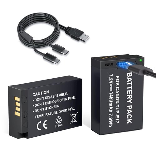 LP LP-E17 Battery 2-Pack 1450mah USB-C Charging Port Battery for Canon EOS R50 RP R10 R8, Rebel T8i, T7i, T6i, T6s, SL2, SL3, EOS M3, M5, M6, EOS 200D,77D,750D,760D,800D,8000D Digital SLR Camera