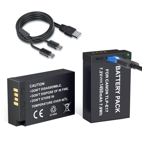 LP LP-E17 Battery 2-Pack 1450mah USB-C Charging Port Battery for Canon EOS R50 RP R10 R8, Rebel T8i, T7i, T6i, T6s, SL2, SL3, EOS M3, M5, M6, EOS 200D,77D,750D,760D,800D,8000D Digital SLR Camera