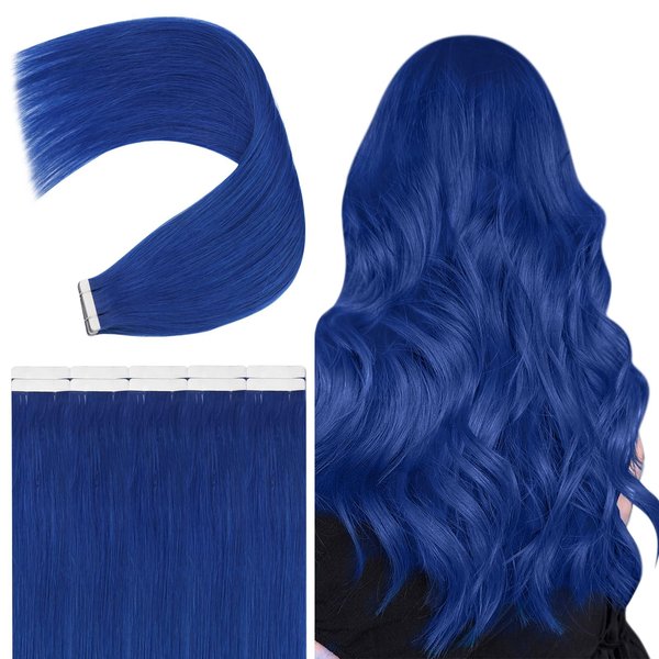 Tape in Hair Extensions Human Hair Blue, JoYoung Blue Tape in Hair Extensions 16Inch Human Hair Extensions Tape in Blue 25Gram 10Pcs Invisible Tape in Human Hair Extensions Skin Weft Extensions
