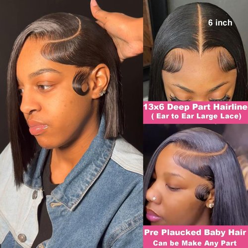 GIRLOFDREAMS 13x6 Bob Lace Front Wig Human Hair Straight Transparent Lace Frontal Wigs Pre Plucked with Baby Hair Brazilian Remy 180 Density Pre Plucked Natural Color Black Short Wigs for Black Women