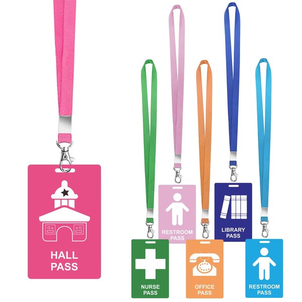 ROSEEKA 6 Sets PVC Hall Pass Lanyards - Unbreakable Hall Passes for Classrooms Set Includes Passes for Hall Bathroom Library Office and Nurse Ideal for Classroom School Supplies