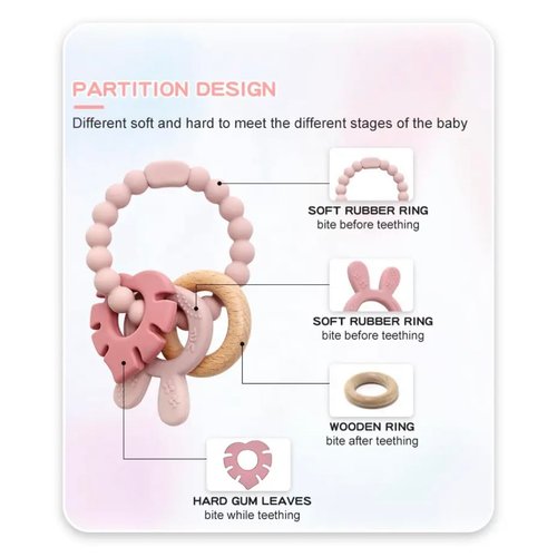 Made by Tushi | Bohemian Teether | Baby Teether | Sensory Exploration and Teething Relief | 100% Food-Grade Silicone Teether Toy | BPA Free | Chewbeads | Silicone with Beechwood Ring | (Pink)