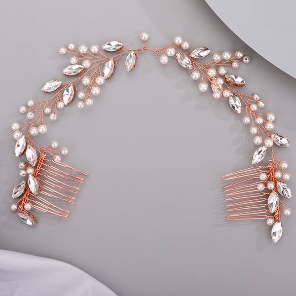 Hair Vine for Women Bridal Hair Comb for Bride Pearls Crystal Hair Comb Slide ROSE GOLD