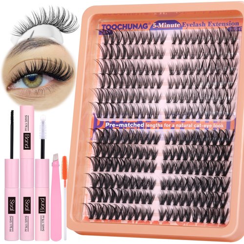TOOCHUNAG Cat Eye Lash Clusters Kit Wispy DIY Lash Extension Kit Natural Eyelash Extension Kit 7-16mm Individual Cluster Lashes Extensions with Lash Bond and Seal, Tweezers, Brushes(30D+40D-CD Curl)