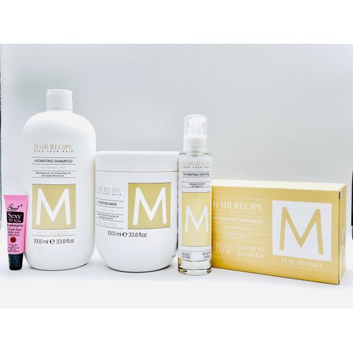 Maxy Look Hair Recipe Feed Your Hair MacademIa Hydrating Shampoo & Mask1000 ml /33.8 fl oz + Hydrating Crystal Oil 3.38 fl oz + Hydrating Treatment Ampoules 12x7ml- Free Starry Lip Gloss 10ml-, Clear