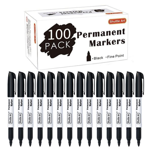 Shuttle Art Permanent Markers, 100 Pack Black Permanent Marker set,Fine Point, Works on Plastic,Wood,Stone,Metal and Glass for Doodling, Marking