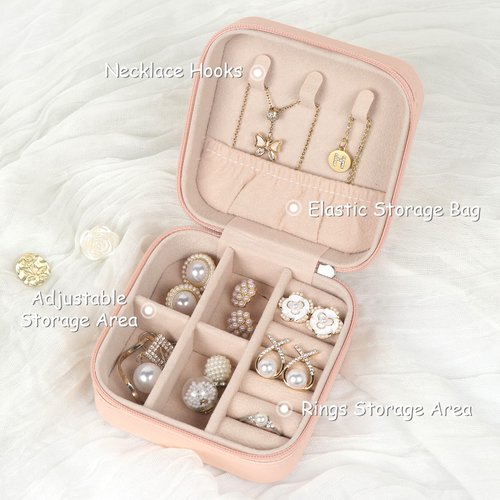 MFXIP Travel Jewelry Case Small Jewelry Box Jewelry Organizer Storage Case Portable PU Leather Mini Jewelry Travel Case for Girls Womens Earring, Necklace, Rings,Bracelets (Pink)
