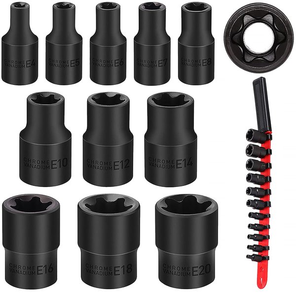SEDY 11-Piece E-Torx Socket Set - Star Socket Set with Socket Rail, External Torx Socket with Socket Organizer, External Torx Socket Set, E4 E5 E6 E7 E8 E10 E12 E14 E16 E18 E20 Reverse Torx Socket Set