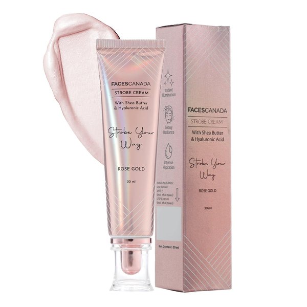 FACESCANADA Strobe Cream - Rose Gold | with Shea Butter & Hyaluronic Acid | Hydrating & Illuminating Makeup | for Radiant Dewy Skin | 1.01 Fl oz (30ml)