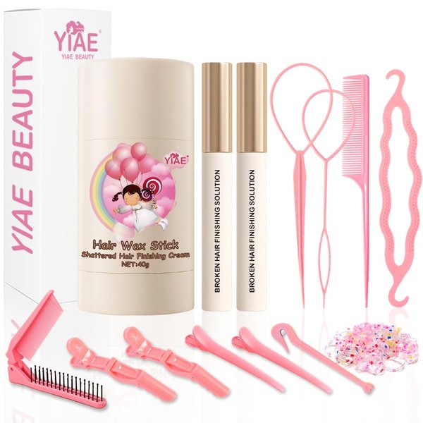YIAE Hair Wax Stick Kit - Hair Finishing and Braiding Set with Non-Greasy Pomade for Flyaways, Frizz, and Edges, Includes Wax Stick and 2 x 15ml Sticks for Women and Girls