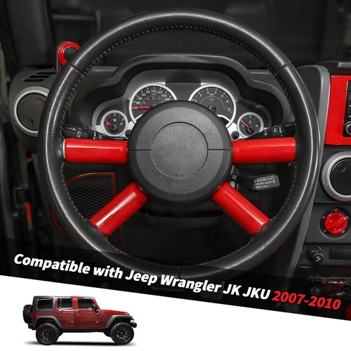 Jimen Compatible with Jeep Wrangler JK JKU 2007-2010, 4PCS Car Steering Wheel Overlay Cover Interior Trim Accessories (Red)