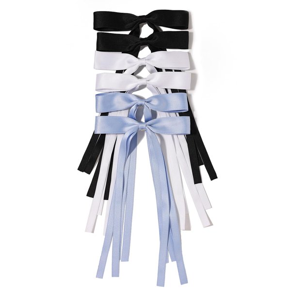 LFOUVRE Bow Hair Clips and Barrettes for Women - 6pcs Ribbon Bows and Metal Claw Clips with Tassels for Girls and Teens