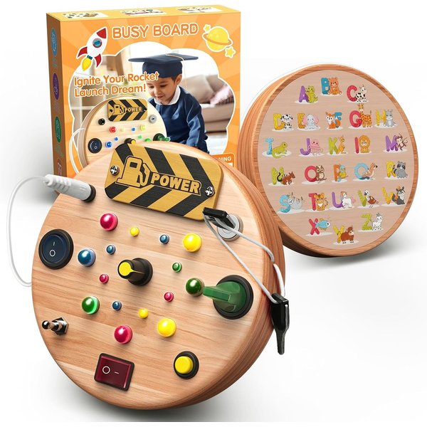 Busy Board, Montessori Toys for 1-6 Year Old, Toddler Switch Board Wooden Sensory LED Light Up Toys with Shape Sorter