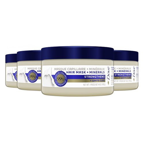 Dove Hair Mask + Minerals Strengthening Hair Mask for Damaged Hair and Hair Breakage Strengthens + White Clay Hair Mask for Hair Strengthening 4 oz 4 Count