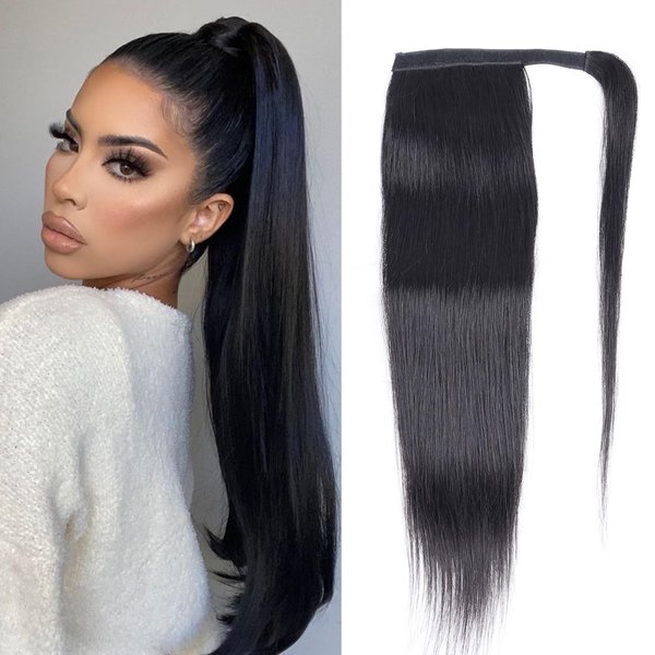 Straight Ponytail Extension Human Hair Wrap Around Magic Paste Ponytail Clip In Real Brazilian Virgin Human Hair pieces For Black Women Natural Black 20inch
