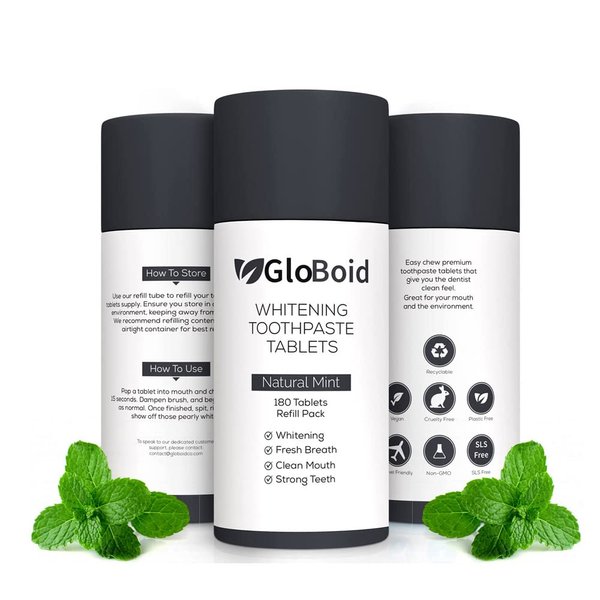 GloBoid Charcoal Toothpaste Tablets with Fluoride, Zero Waste Toothpaste Bits, Eco Friendly Toothpaste Tabs, Plastic Free Toothpaste Bites - 1 Month Supply - 62 Count - Mint