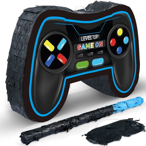 Video Game Controller Piñata Bundle Fiesta Gaming Controller Piñata Set with Blindfold and Bat Kids Birthday Gamer Party Supplies Game Toy for Kids Gaming Theme Party Carnival Events Decor(Blue)