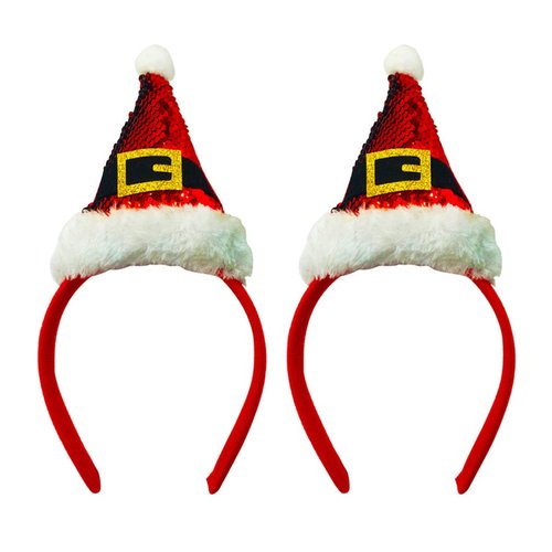 2pcs Christmas Santa Hat Headbands Sequined Plush Xmas Party Hair Bands Hair Hoops Headdress Hair Accessories for Girls Chidren