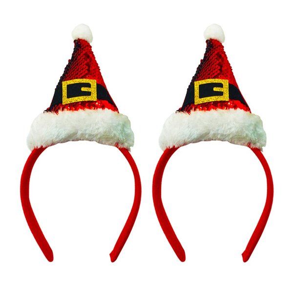2pcs Christmas Santa Hat Headbands Sequined Plush Xmas Party Hair Bands Hair Hoops Headdress Hair Accessories for Girls Chidren
