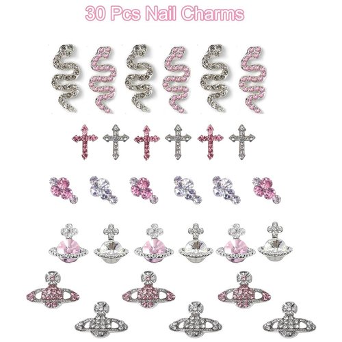 30 Pcs Nail Charms Pink Y2k Chrome Nail Art Rhinestone Charms 3D Cross Snake Saturn Shape with Rhinestones Planet Nail Gems Shiny Nail Jewelry Acrylic Nail Decorations Accessories Supplies